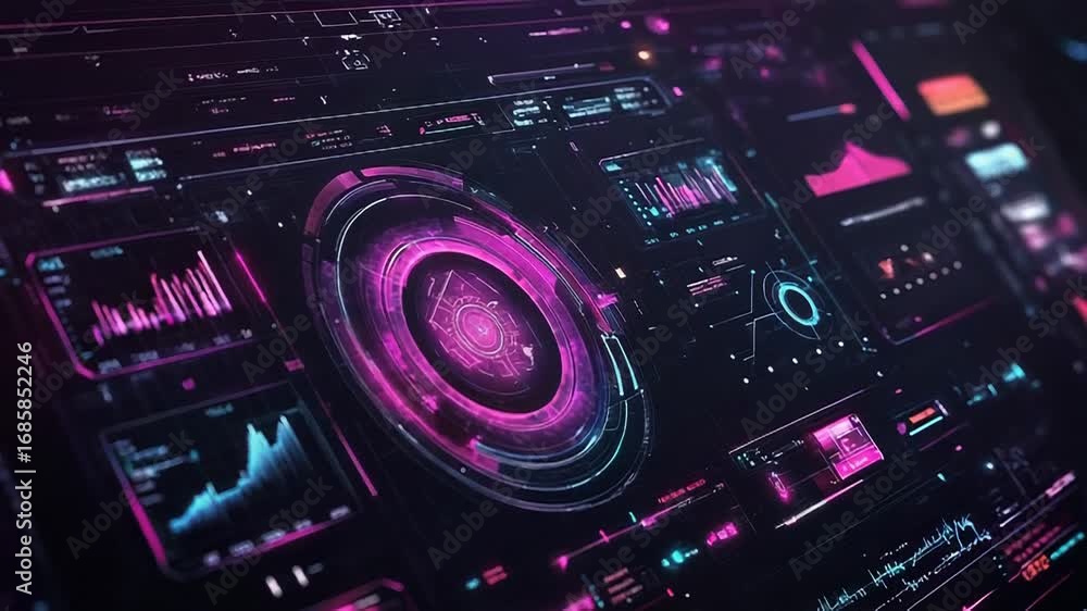 Aufkleber futuristic head up display showing charts and data analysis in pink and blue colors