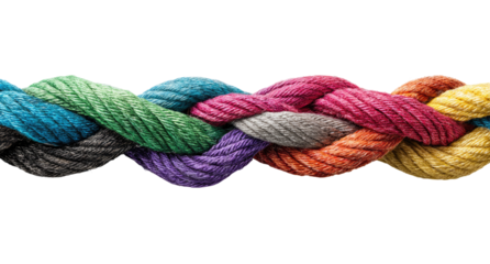 Intertwined colorful ropes against a black background.  Close-up view of tightly woven, multi-hued cords, creating a vibrant and complex pattern