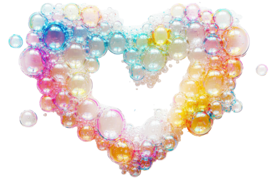 Colorful soap bubbles arranged in heart shape showing love and affection on a transparent background, ready for valentine's day designs