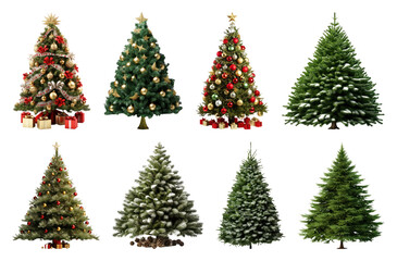 PNG Festive decorated Christmas trees variety, element set on transparent background