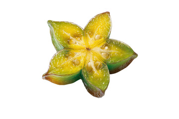 Close-up of a star fruit slice.  Vibrant yellow and green segments.  Five-pointed star shape.  Seeds visible in the center