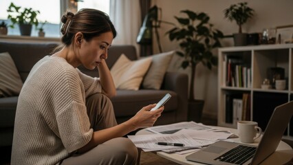 夜のリビングでスマホとパソコンを使い、真剣な表情で何かを調べる女性