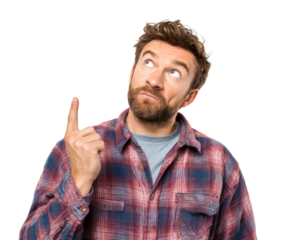 Thoughtful man pointing upwards, contemplating an idea.