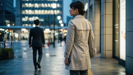 夜のオフィス街で男性の後ろを歩き、物思いに耽る女性の後ろ姿