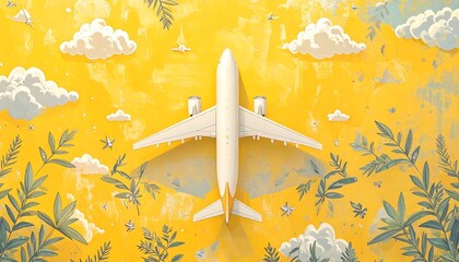 Overhead view of a passenger airplane amidst a yellow, textured backdrop, with clouds & leaves