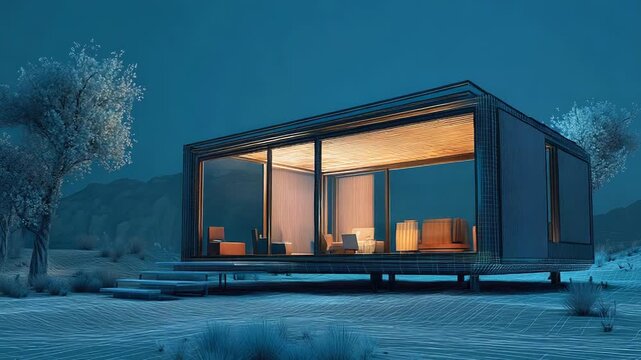 Blueprint of a modern prefabricated modular house illuminating the desert night