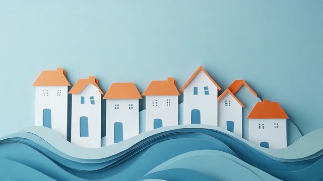 Paper houses standing on blue paper waves representing flood risk