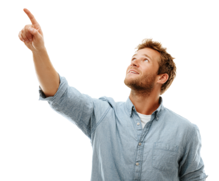 Man pointing upwards with excitement and looking at something interesting.