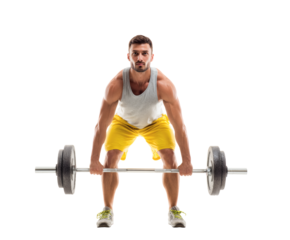 A determined athlete lifts a heavy barbell in the gym, focusing on his workout and challenging his strength.