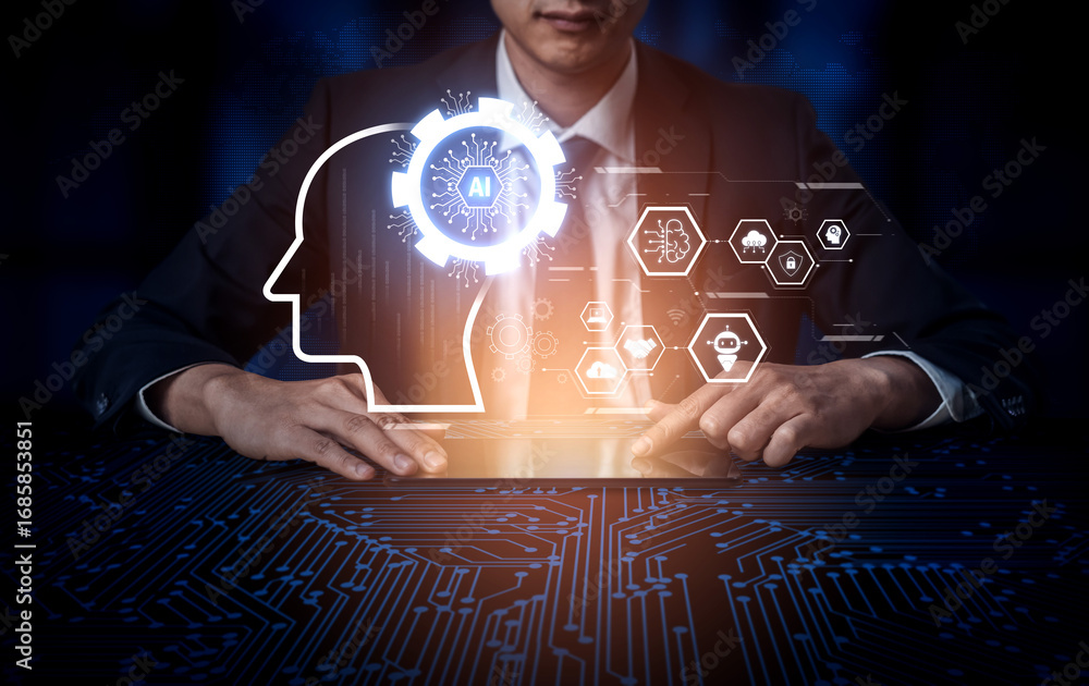 Poster ai integrated with human cognition, supporting decision-making, automation, robotics, data analysis,