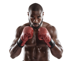 A muscular boxer in a powerful stance, ready for a fight with focused intensity.