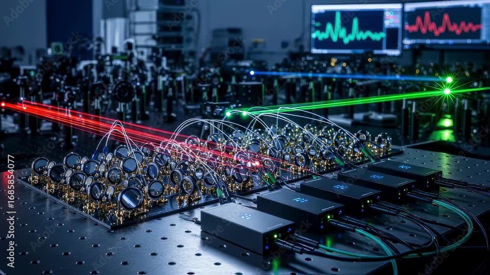 Poster array of deformable mirror actuators connected to signal processing modules illuminated in a futuris