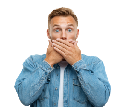 Surprised man with wide eyes covers his mouth with hands on a transparent background.
