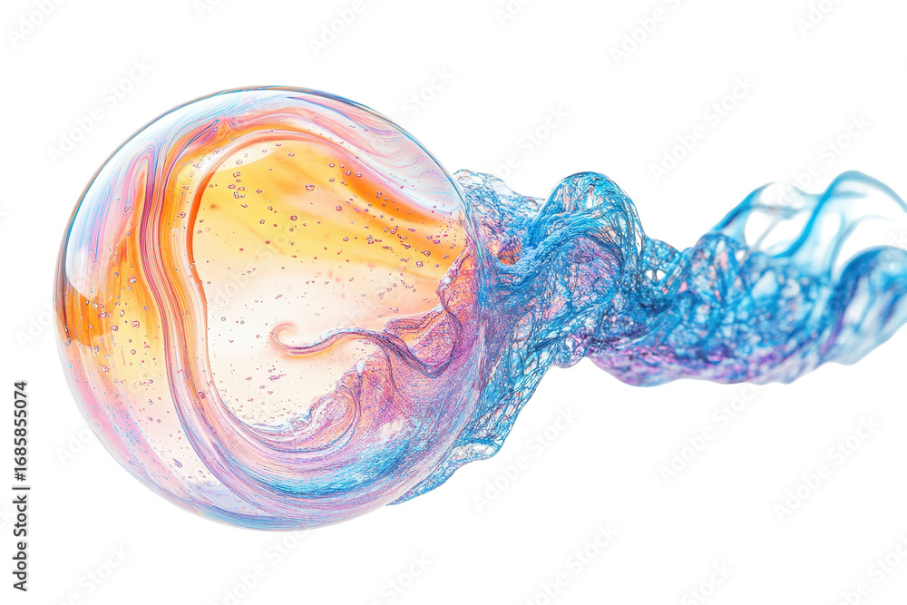 Poster fluid sphere with transparent bubble and colorful abstract cloth on white background