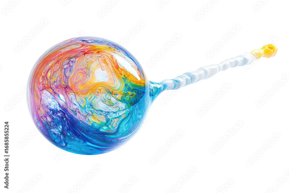 Poster fluid sphere with transparent bubble and colorful abstract cloth on white background