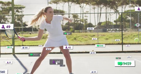 Tennis player swinging forehand as rally starts on court, pulsing social media icons - Powered by Adobe