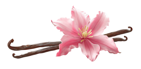 Two vanilla beans lie next to a vibrant pink flower