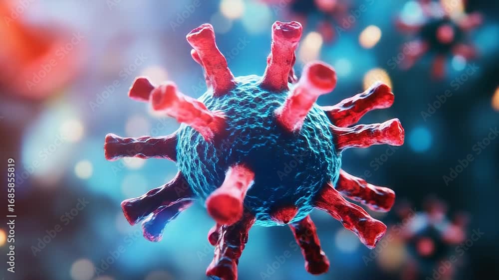 Poster microscopic view of virus showing pathogens attacking cells