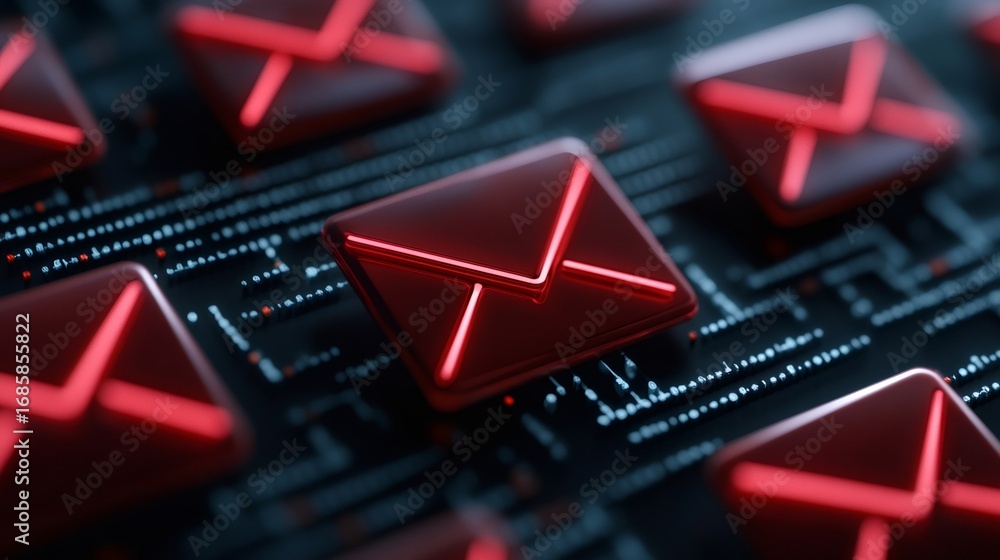 Aufkleber red email icons emerging from a dark circuit board, highlighting internet communication and data sec