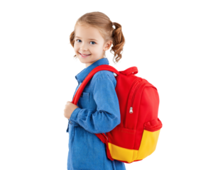 Happy young girl with a red backpack ready for school.