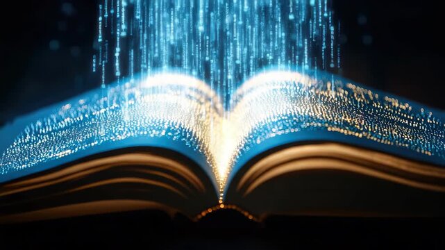 Open book with digital data emerging, symbolizing knowledge evolution