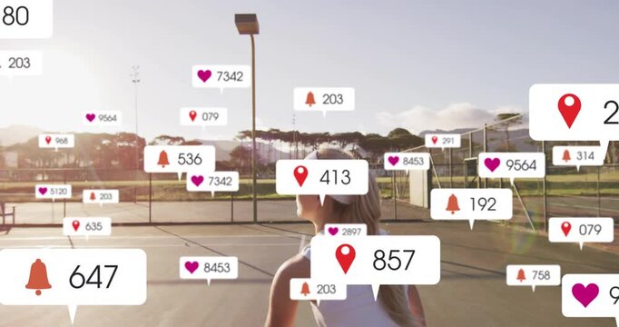 female tennis player tossing neon ball generating animated social media metrics rising around swing