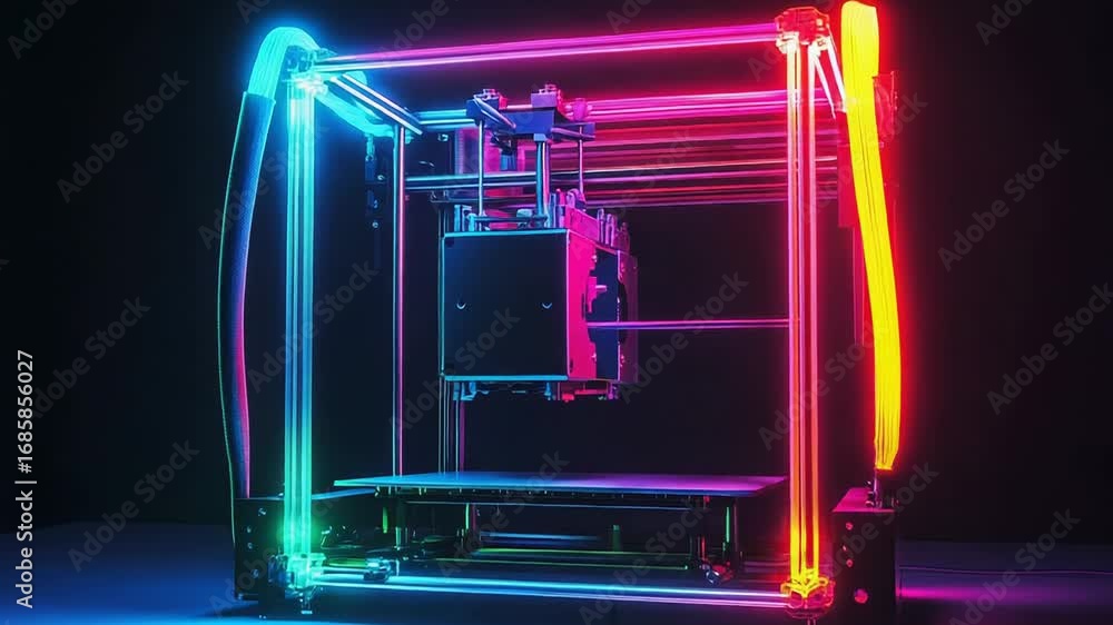 Poster futuristic 3d printer creating objects with neon lights in dark environment