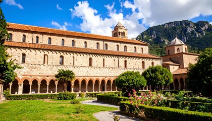 Fototapeta premium Monastery Garden and Church under Sunny Sky