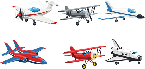 Set of Cartoon Airplanes and Aircrafts Including Jet, Propeller Plane, Vintage Biplane, and Space Shuttle for Aviation Design