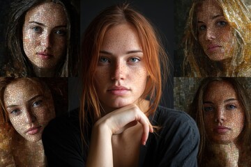 Mosaic representation of a woman with freckles showcasing a range of emotions through distinct facial expressions merged in a creative art style