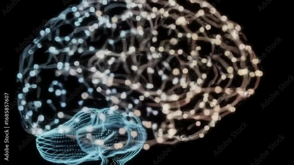 Poster digital animation of neon brain network illustrating the concept of artificial intelligence, neural 