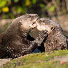 Two otters interacting playfully