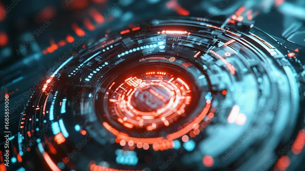 Poster futuristic technological interface showing rotating circular hud element with glowing lights