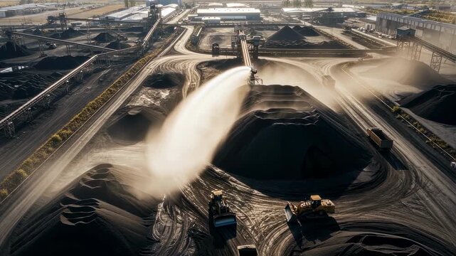 Aerial viewpoint of mist cannon in use controlling dust over stockpiled raw material heaps enhancing visibility and air cleanliness on busy industrial yard.