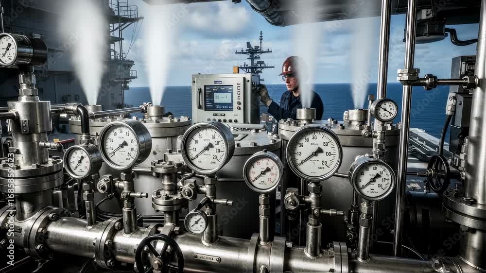 Poster aircraft carrier catapult steam generator system undergoing diagnostic testing amidst a complex netw