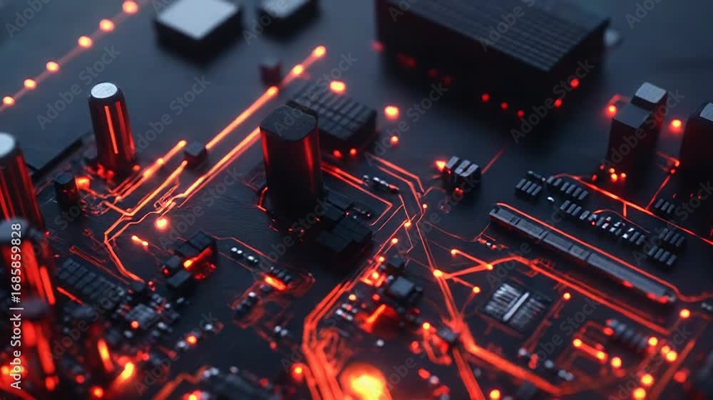 Poster electronic circuit board showing data processing with red lights