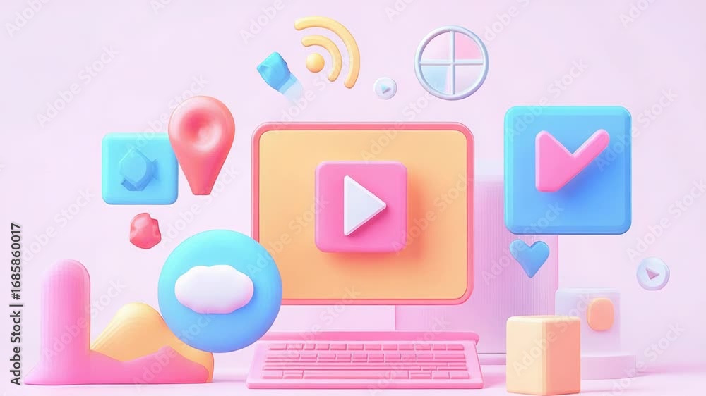 Poster desktop computer displaying streaming video surrounded by social media icons