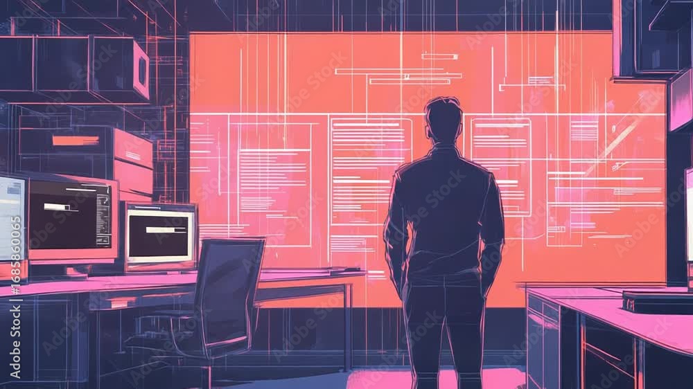Poster programmer analyzing code projected on big screen in modern office