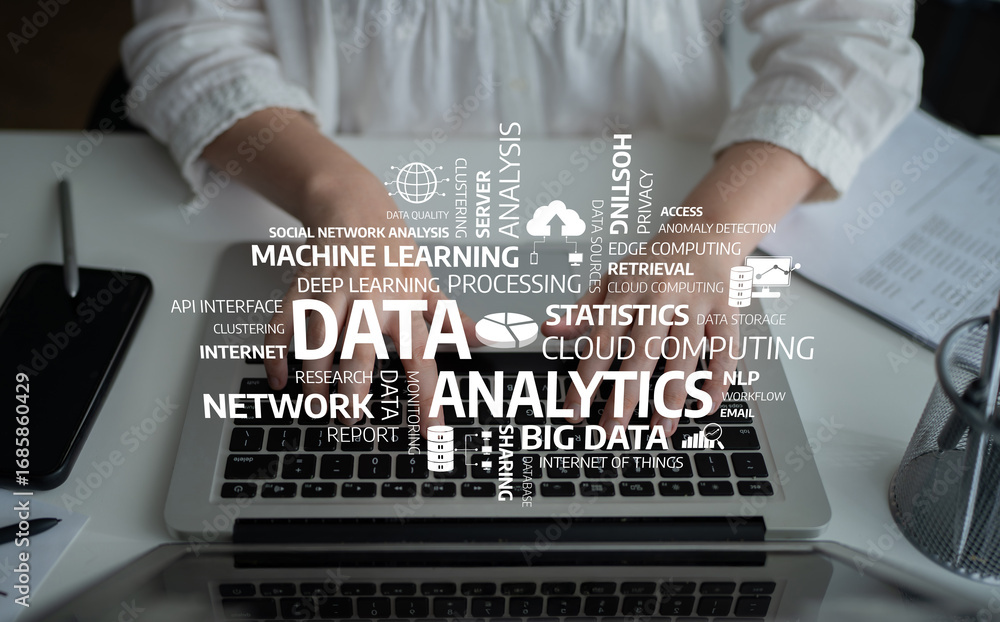 Poster a focused view of hands typing on a laptop covered with cloud computing and data analytics terms, sy