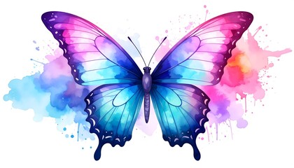 A vibrant butterfly, adorned with watercolor splashes of purples, pinks, blues, and oranges, takes center stage against a white background.