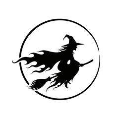Vector art of silhouette of a witch flying on a broomstick in front of the moon
