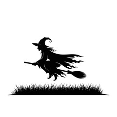 Vector art of silhouette of a witch flying on a broomstick over grass, , halloween concept