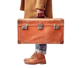 Person holding a vintage suitcase ready for travel