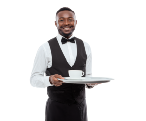 Smiling waiter serving coffee.