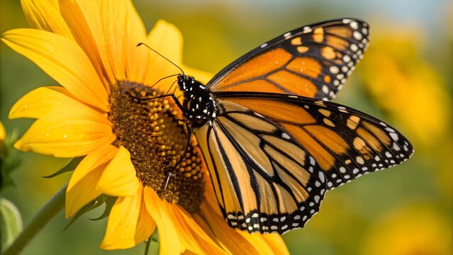 Close-up of a Monarch butterfly resting on a sunflower, golden pollen dust visible on its wings.