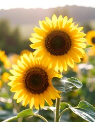 Two vibrant sunflowers in a field, bathed in sunlight