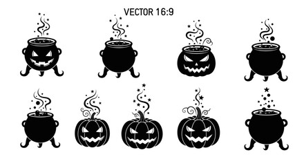 Vector art of collection of halloween cauldron and pumpkin silhouettes with spooky faces