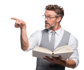 A man in glasses points while holding a book, looking surprised and engaged.