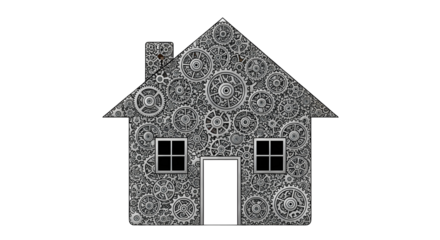 Intricate mechanical house design symbolizing complex systems, innovation, and the inner workings of home construction and engineering concepts.