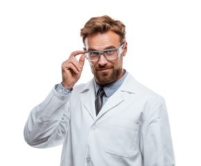 A smiling scientist adjusts his safety glasses in a lab coat.